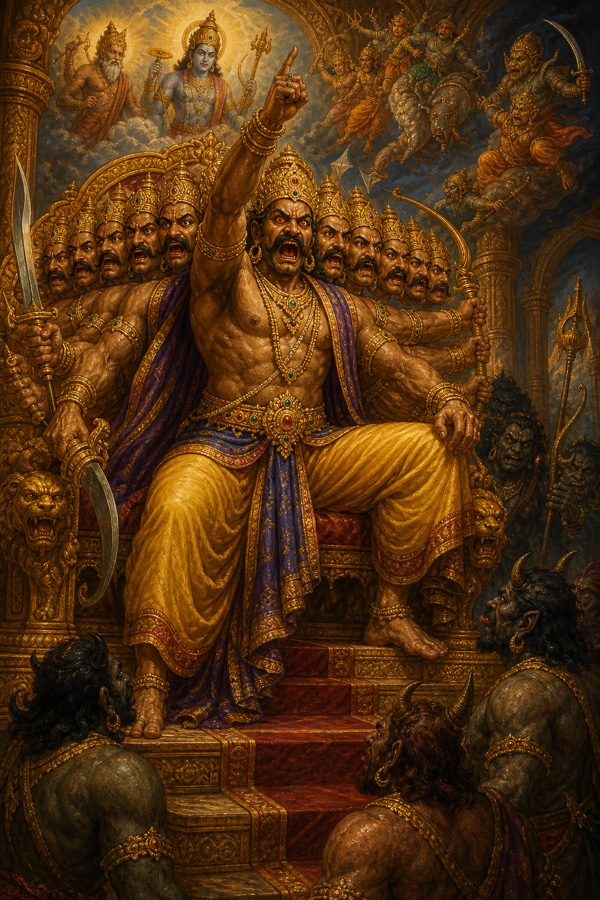 Red-eyed Ravana on his throne erupts in fury, vowing he will never return Sita though gods and demons assail him.