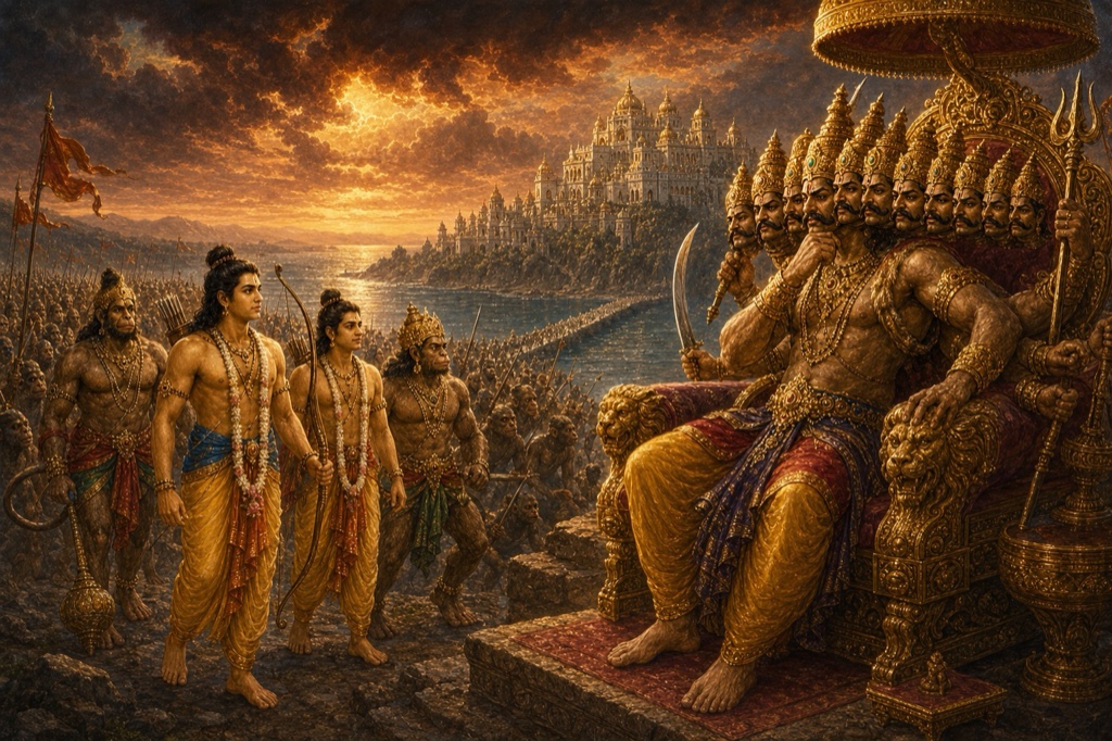 Rama's vast host advances on Lanka amid thunder of conches and war-drums while Ravana pauses, brooding, before his ministers.