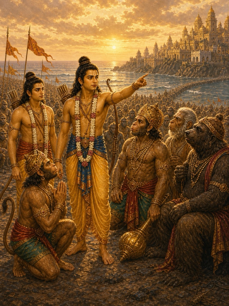 Gavaksha with a crore of langurs, Jambavan's bears, and mace-bearing armoured Vibhishana muster around Rama for the assault.