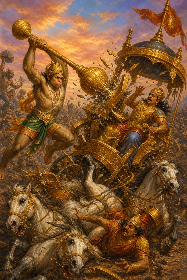 Angada wrests Indrajit's mace and smashes his gold-fitted chariot, horses and driver amid the clashing duels.