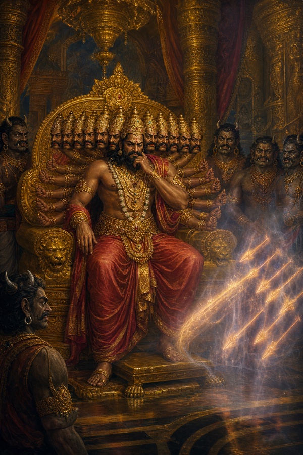 चिंतित रावण सिंहासन पर ठोड़ी पर हाथ रखे, सामने चमकते बाणों का दृश्य, चारों ओर राक्षस।