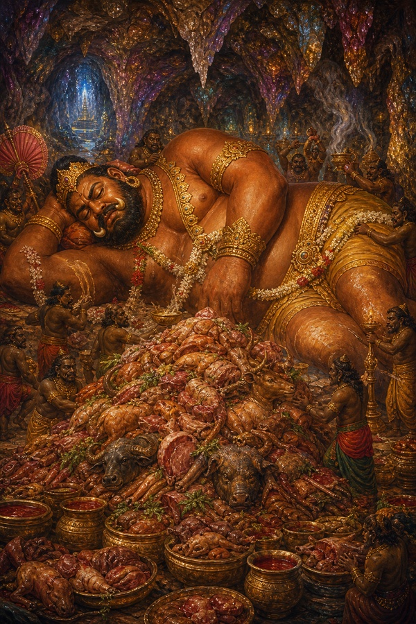 विशाल कुम्भकर्ण गुफा में मांस के ढेरों और मदिरा के घड़ों के बीच गहरी नींद में सोया हुआ।