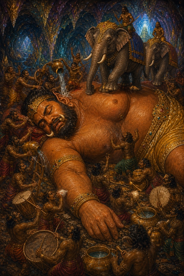 राक्षस सोते कुम्भकर्ण की छाती पर हाथी चलाकर, घड़े उड़ेलकर और नगाड़े बजाकर उसे जगाते हुए।
