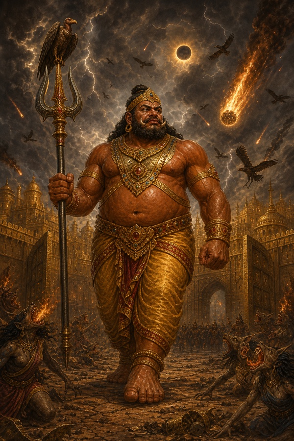 जागा हुआ कुम्भकर्ण त्रिशूल थामे लंका से रण की ओर बढ़ता, आकाश में ग्रहण और उल्काएं।