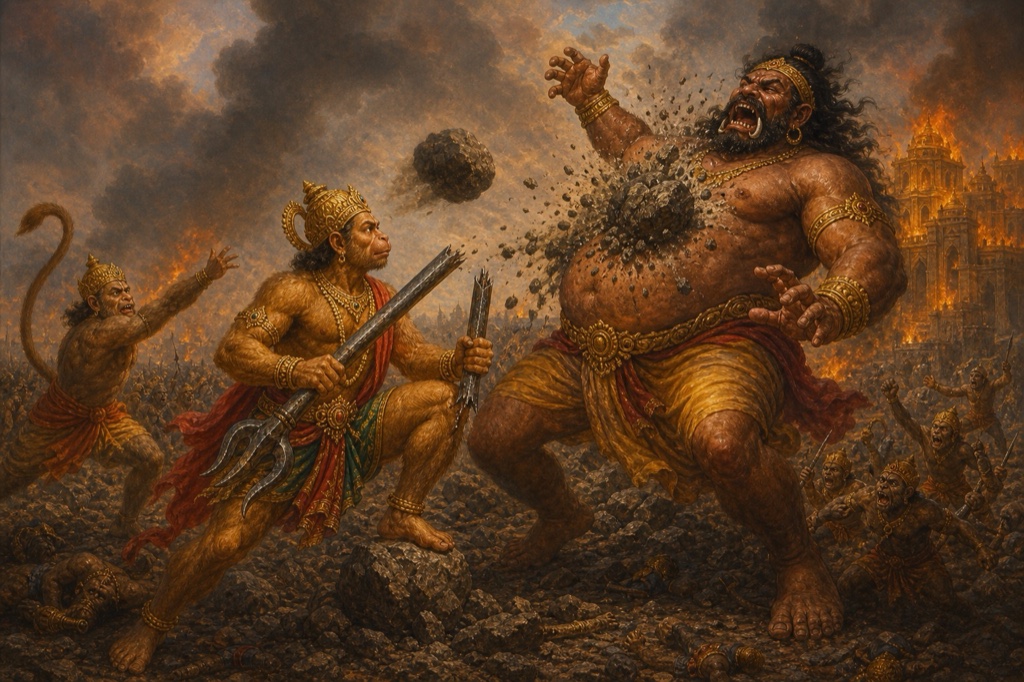 हनुमान कुम्भकर्ण का त्रिशूल तोड़े खड़े, शिलाओं की मार से लड़खड़ाता राक्षस, पीछे जलती लंका।