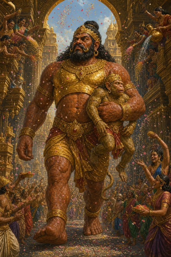 स्वर्ण कवच पहने कुम्भकर्ण बंदी सुग्रीव को बगल में दबाए लंका में, झरोखों से पुष्पवर्षा होती हुई।