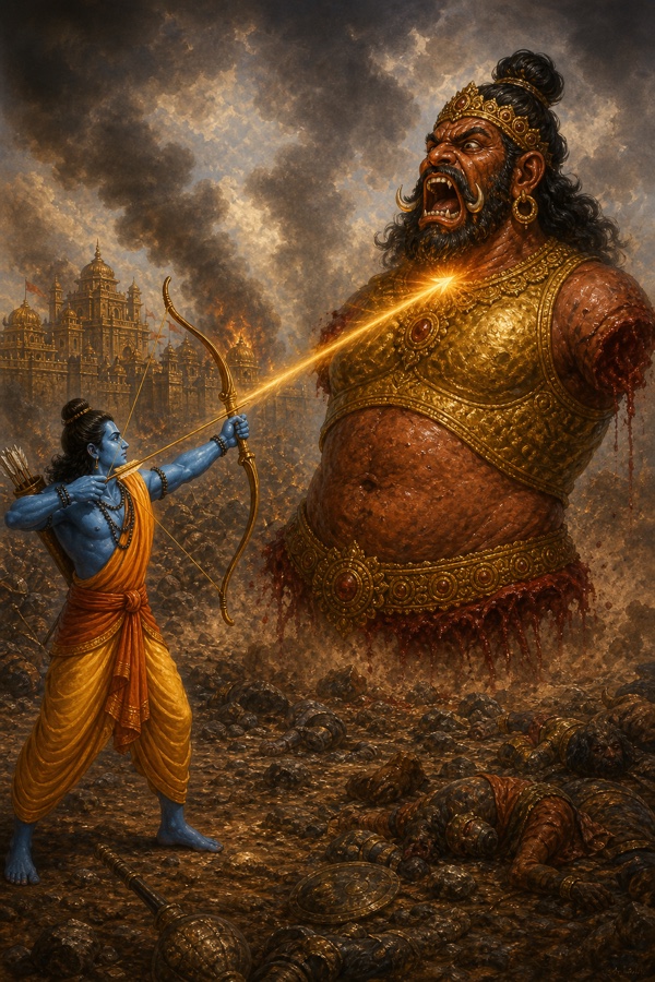 राम का प्रज्वलित बाण भुजाएं कट चुके कवचधारी कुम्भकर्ण की छाती को बेधता हुआ, चारों ओर रणभूमि।