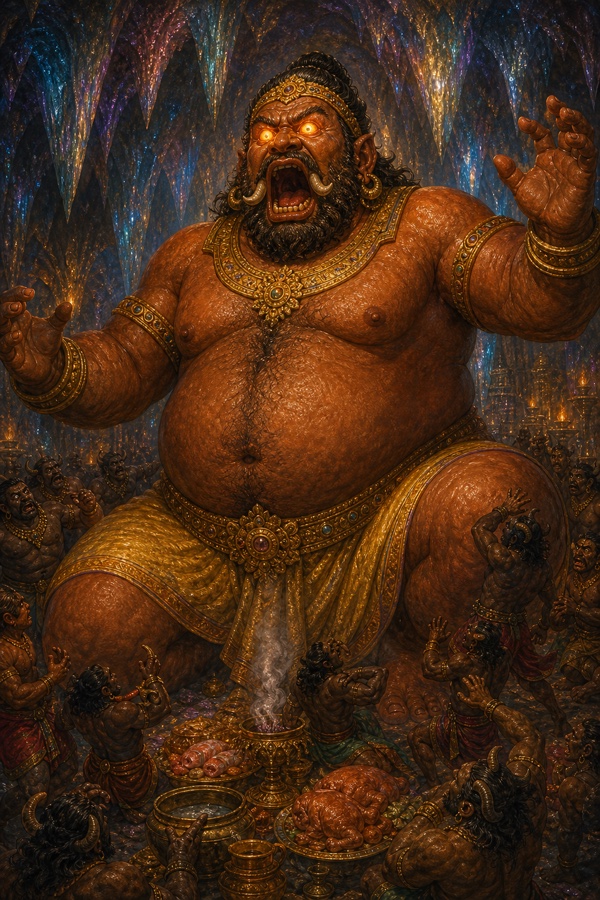 नींद से जागा कुम्भकर्ण दहकती आंखों से दहाड़ता हुआ, बौने लगते राक्षस भोजन के पात्र लिए हुए।