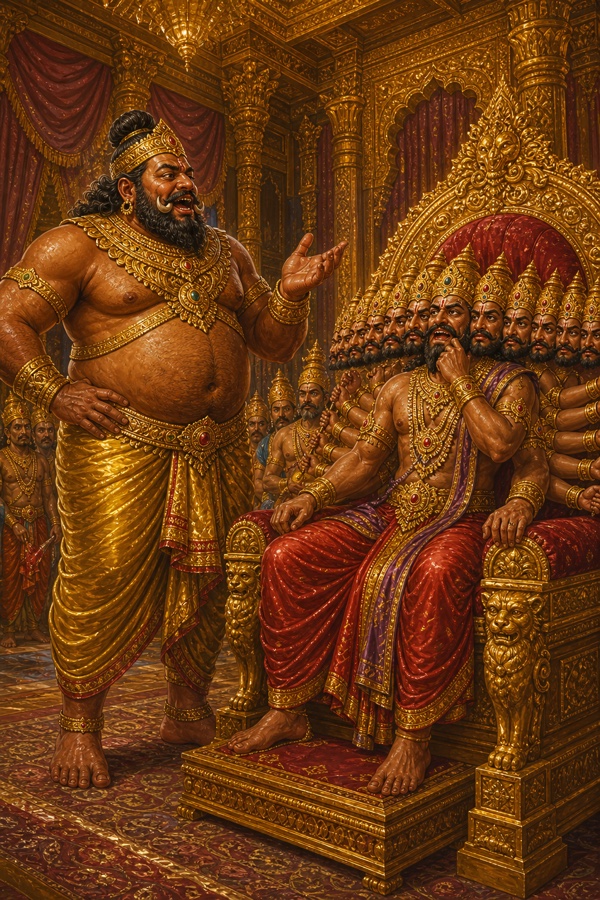 कुम्भकर्ण स्वर्ण सभा में हाथ उठाकर बोलता हुआ, सिंहासन पर बैठा रावण चिंतित मुद्रा में सुनता।