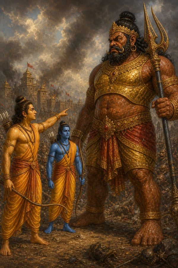 लक्ष्मण हाथ उठाकर विशाल कवचधारी कुम्भकर्ण की ओर संकेत करते, पास धनुष थामे श्याम वर्ण राम।