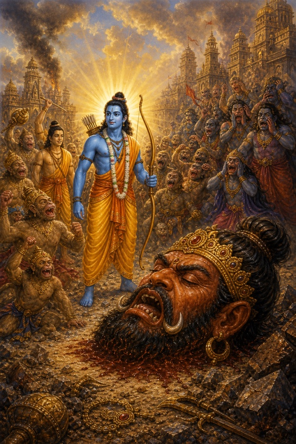 कुम्भकर्ण का कटा विशाल सिर भूमि पर पड़ा, पास तेज से घिरे धनुषधारी राम, राक्षस विलाप करते।