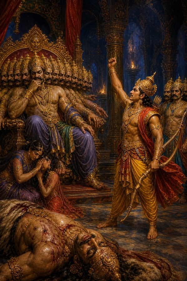 शोकमग्न दस-मुख रावण के दरबार में इंद्रजित मुट्ठी उठाकर प्रतिज्ञा करता है, आगे विशाल योद्धा का शव पड़ा है।