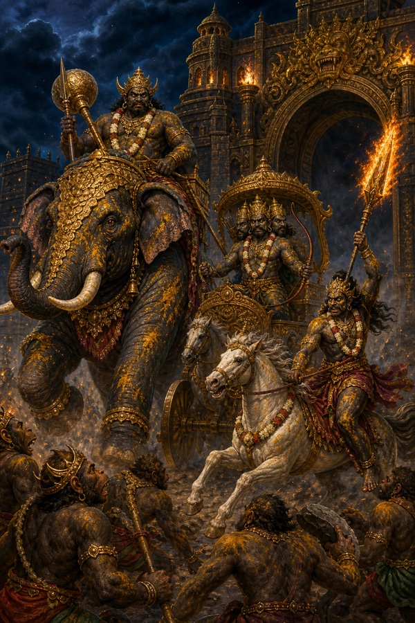 राक्षस योद्धा हाथी, रथ और घोड़े पर सवार होकर लंका के जलते द्वार से युद्ध के लिए निकलते हैं।