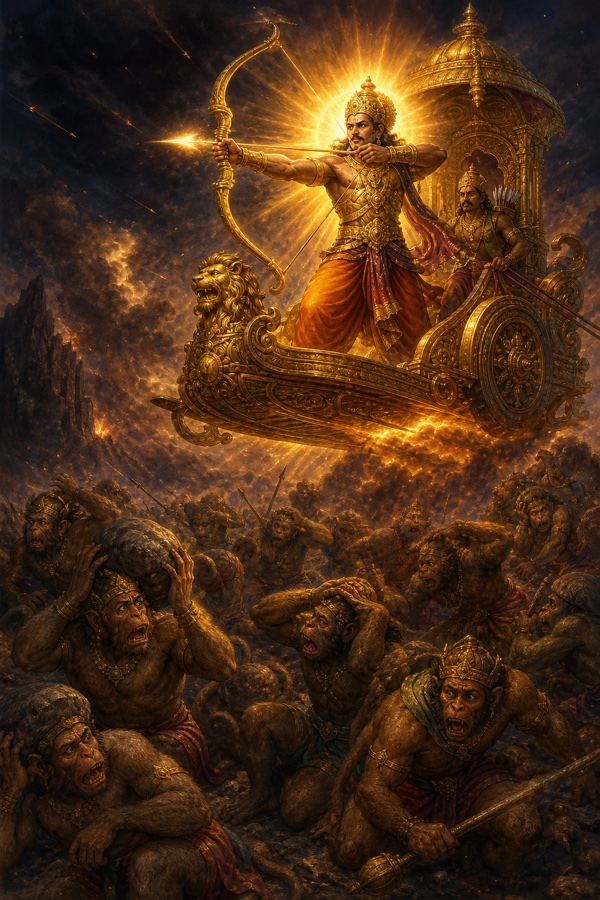 स्वर्ण आभा से घिरा इंद्रजित उड़ते रथ से बाणों की वर्षा करता है, नीचे वानर सेना व्याकुल होती है।
