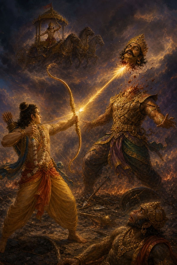 लक्ष्मण का ज्योतिर्मय बाण राक्षस योद्धा का मुकुटधारी सिर धड़ से अलग करता है, नीचे हनुमान देखते हैं।
