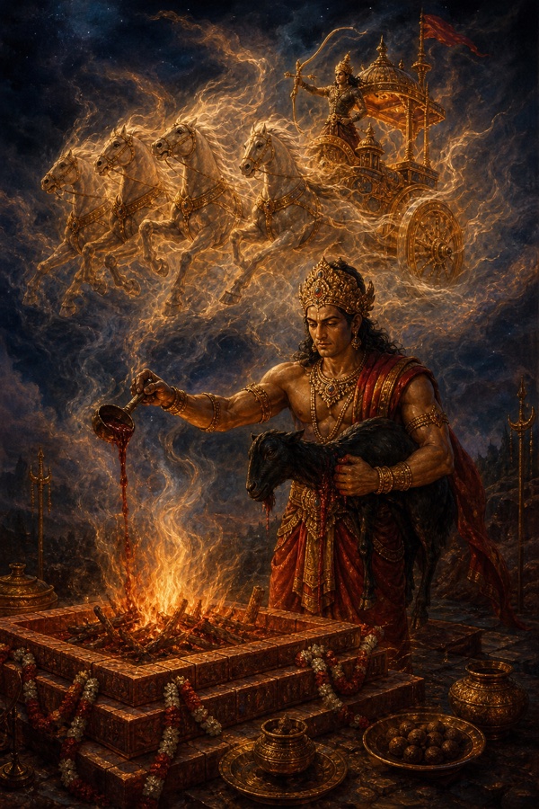 इंद्रजित काला छाग थामे यज्ञकुंड में रक्त की आहुति देता है, धुएँ में मायावी रथ और अश्व उभरते हैं।