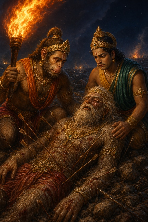 बाणों से बिंधे वृद्ध जांबवान भूमि पर लेटे हैं, मशाल लिए एक वानर और एक राजकुमार चिंतित झुके हैं।