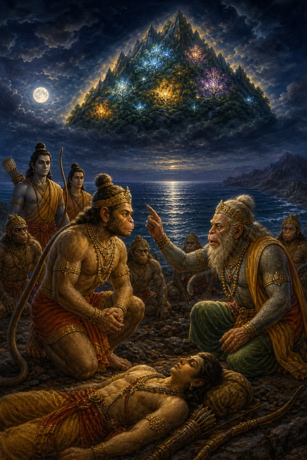 समुद्रतट पर जांबवान संजीवनी हेतु हनुमान को दूर चमकते औषधि-पर्वत की ओर संकेत करते हैं, लक्ष्मण अचेत पड़े हैं।