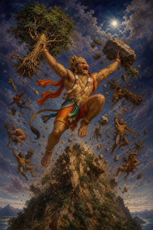 विशाल हनुमान एक हाथ में वृक्ष और दूसरे में शिला थामे गरजते हुए आकाश में उड़ान भरते हैं।