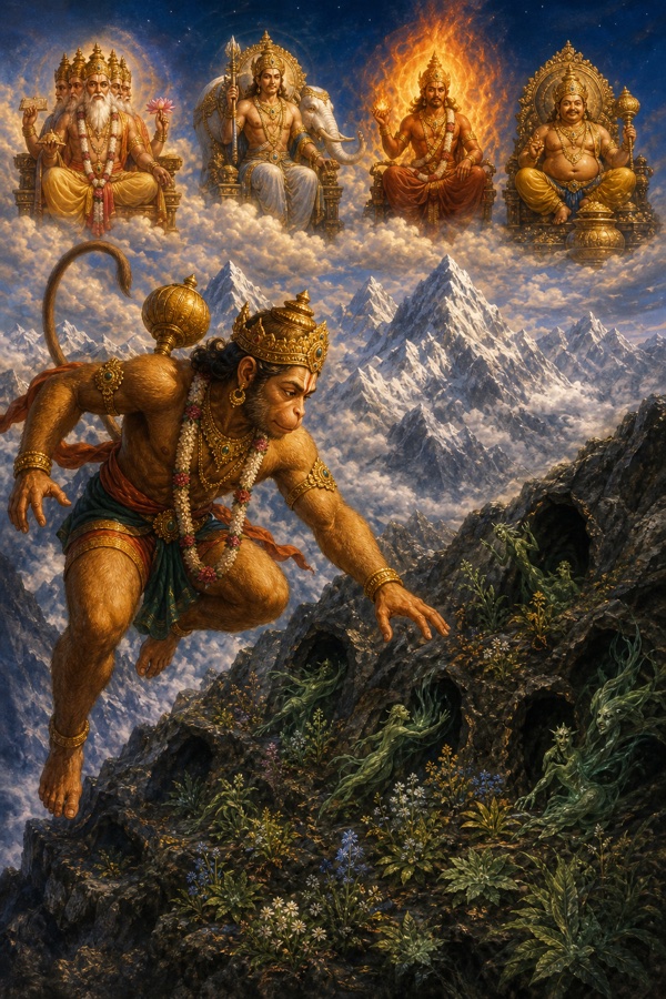 हिमालय की चोटियों के बीच हनुमान औषधियों की खोज में पर्वत पर झुके हैं, देवगण बादलों से देखते हैं।