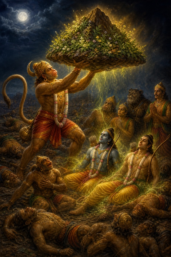 हनुमान चमकती औषधियों वाला पर्वत उठाए खड़े हैं, उसकी आभा से लक्ष्मण और गिरे वानर पुनः जी उठते हैं।