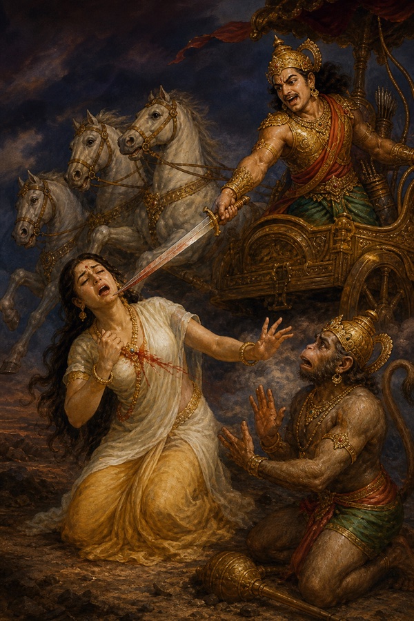 रथ पर खड़ा इंद्रजित तलवार से मायावी सीता का वध करता है, हनुमान हाथ फैलाए विलाप करते हैं।