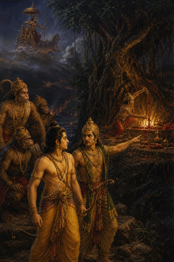 विभीषण लक्ष्मण और वानरों को वटवृक्ष के नीचे हवन करते इंद्रजित की ओर संकेत करते हैं।