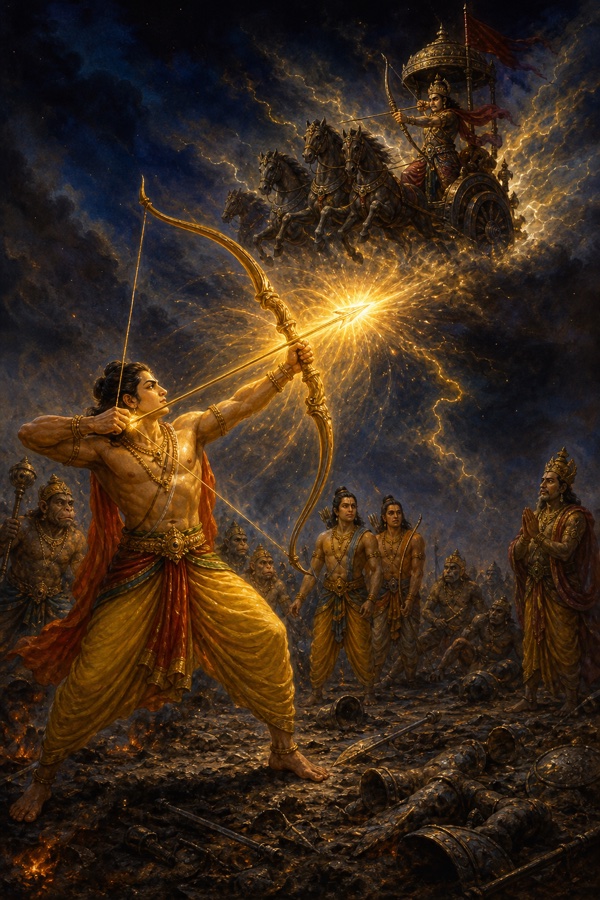 लक्ष्मण ज्योतिर्मय बाण चढ़ाकर आकाश में रथ पर सवार इंद्रजित पर निशाना साधते हैं, पीछे वानर सेना खड़ी है।