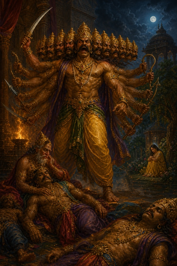 दस-मुख रावण अनेक भुजाओं में तलवारें लिए इंद्रजित के शव के पास शोक और क्रोध में गरजता है।