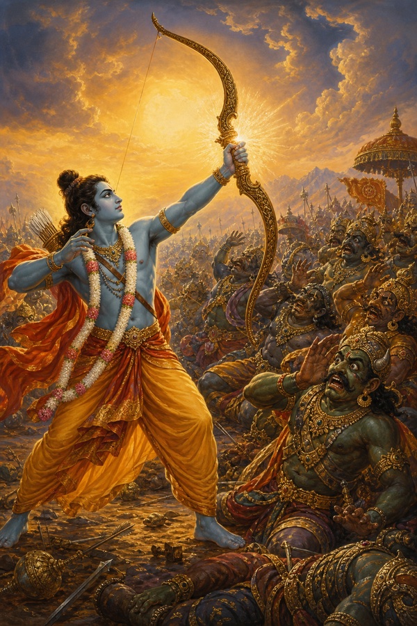 The revived Rama raises his great bow and twangs it like a wrathful Shiva, terrifying the rakshasas.
