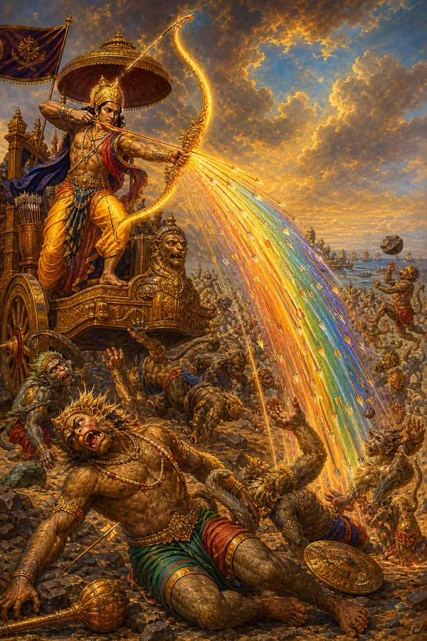 Kumbhakarna's son Kumbha pours arrows from a bow glowing like a second rainbow, scattering the vanara army.