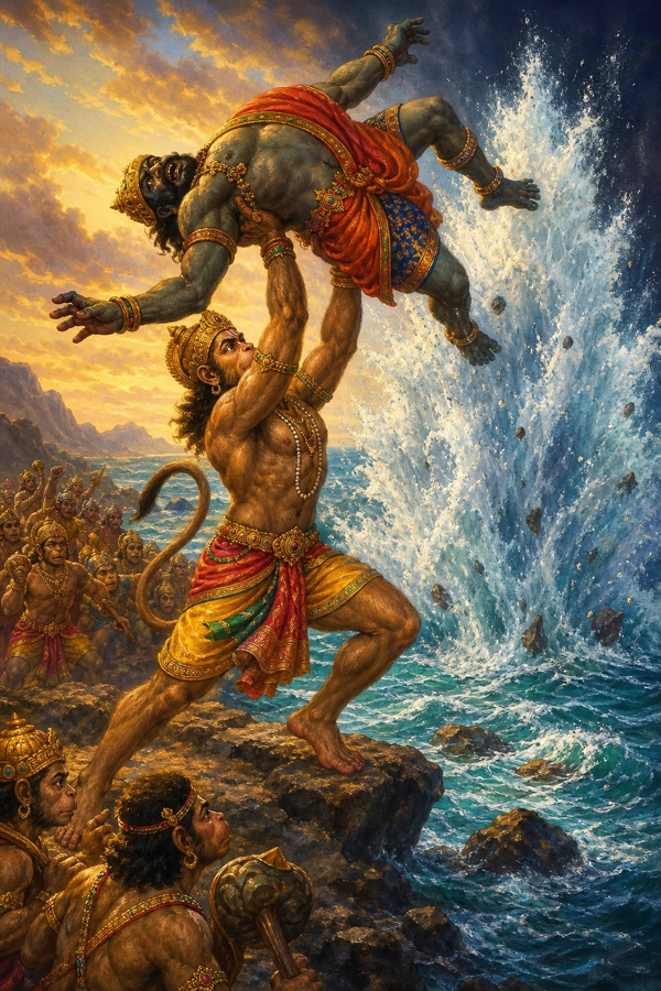 Sugriva lifts Kumbha overhead and hurls him into the sea, the brine erupting in a mountain of spray.
