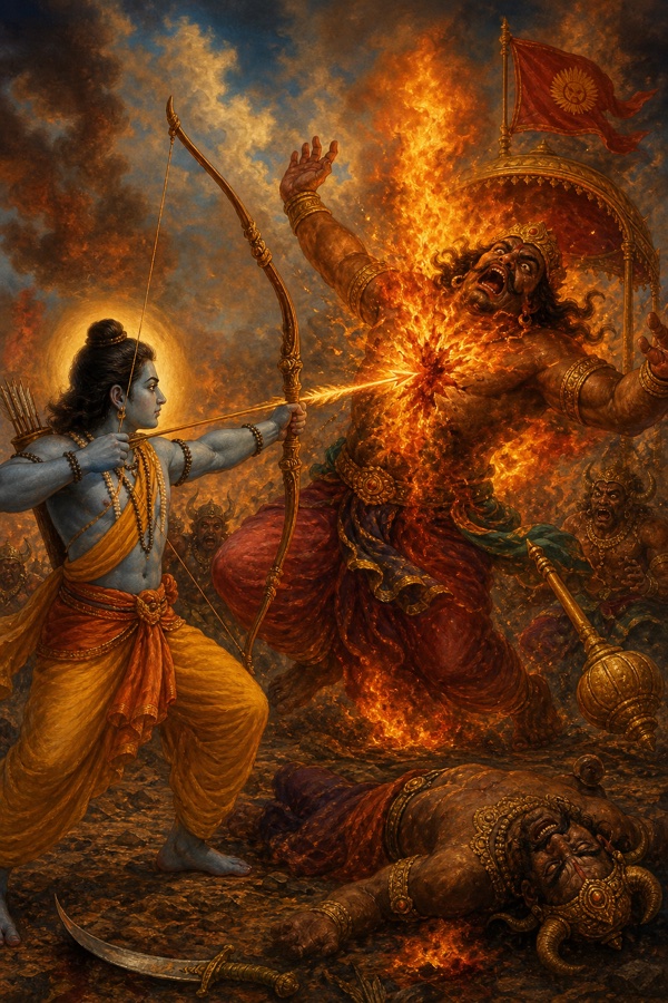 Rama's Agneya arrow splits Makaraksha's heart and the boasting son of Khara crashes dead in flames.