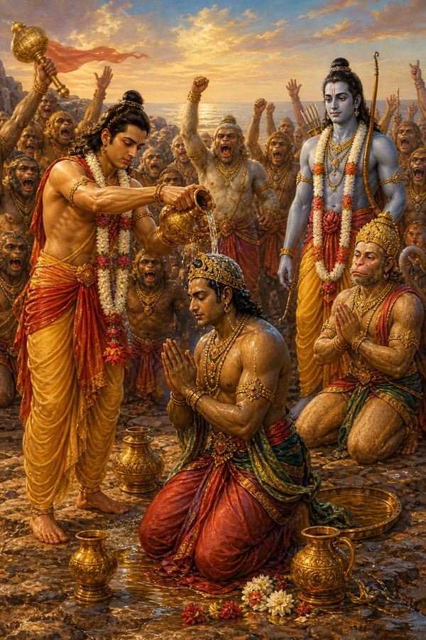 लक्ष्मण समुद्र-तट पर घुटनों पर बैठे विभीषण का स्वर्ण कलश से अभिषेक करते हुए, राम साक्षी खड़े।
