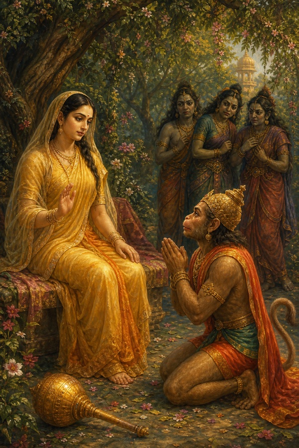 स्वर्ण वस्त्रों में सीता हाथ उठाकर विनीत हनुमान को राक्षसियों के प्रति क्षमा का उपदेश देती हुईं।