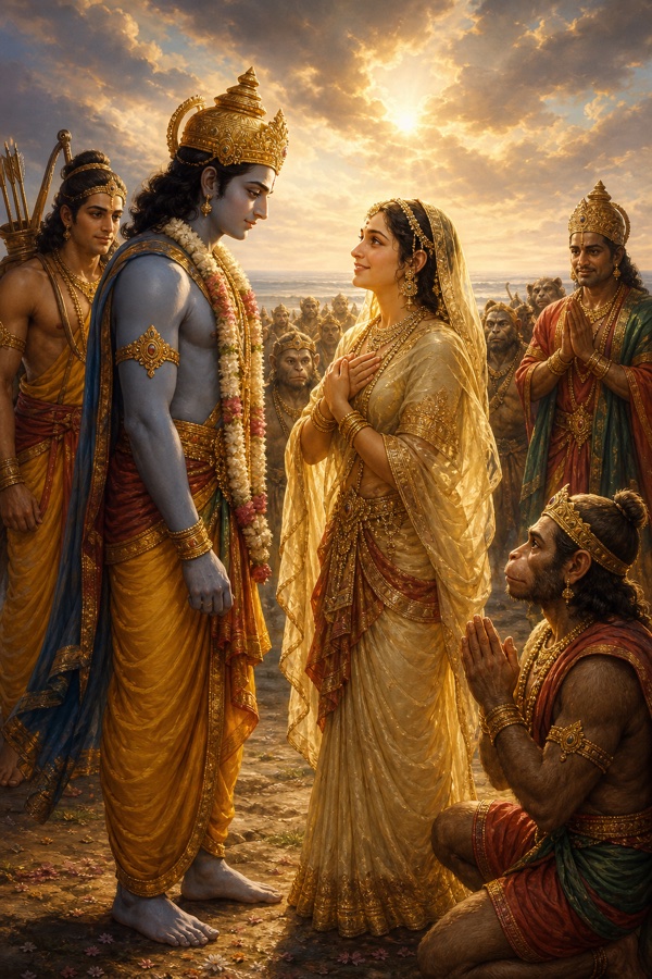 सीता हाथ जोड़े मुस्कुराती हुईं राम के सम्मुख खड़ीं; लक्ष्मण, विभीषण और हनुमान आसपास उपस्थित।