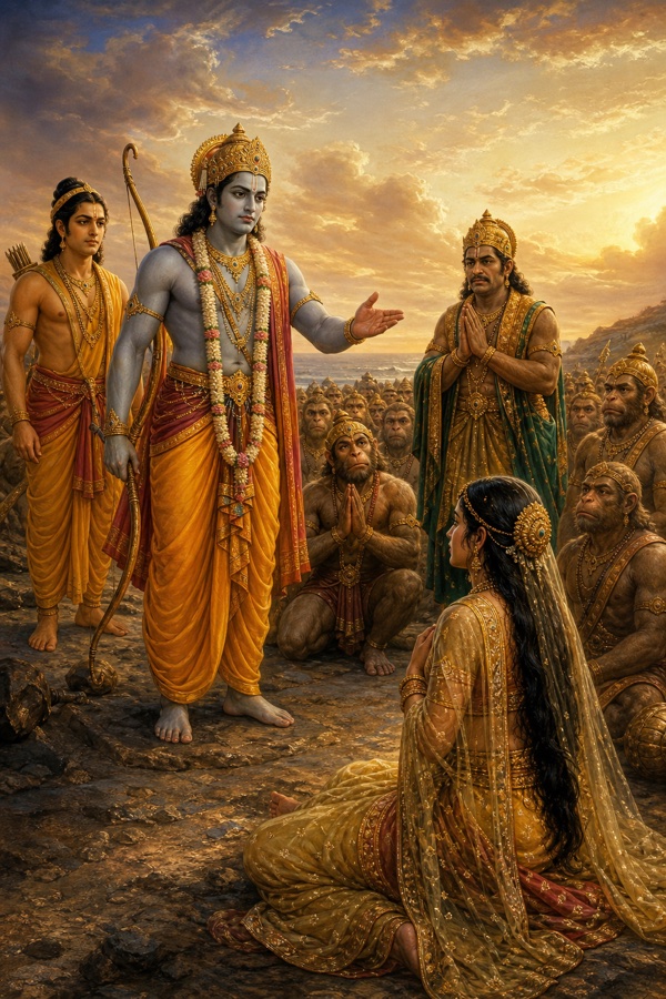 राम हाथ के संकेत से भूमि पर बैठी सीता से कठोर वचन कहते हुए, विभीषण और वानर स्तब्ध।