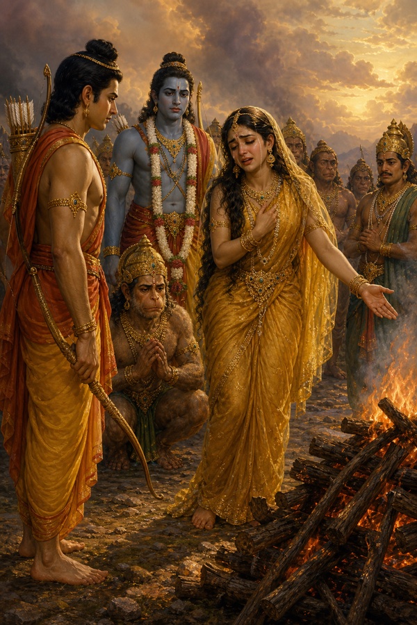 अश्रुपूरित सीता जलती चिता की ओर हाथ बढ़ाए, पास में दुखी लक्ष्मण, पीछे राम और हनुमान।