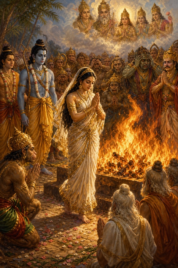 सीता हाथ जोड़े धधकती अग्नि में प्रवेश करती हुईं; आकाश में देवता, चारों ओर शोकाकुल वानर-राक्षस।
