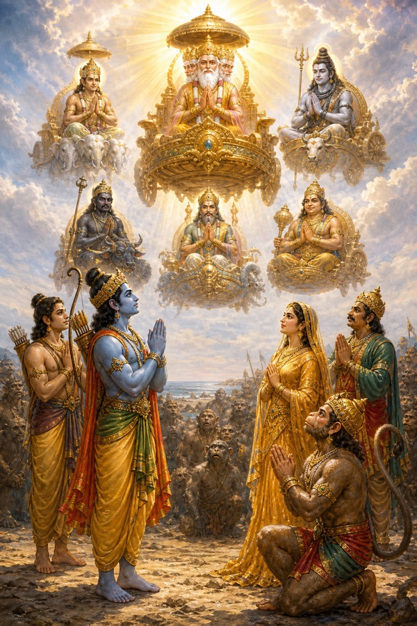 ब्रह्मा, शिव, इंद्र आदि देवता वाहनों सहित आकाश में प्रकट; नीचे राम, लक्ष्मण और हनुमान हाथ जोड़े।