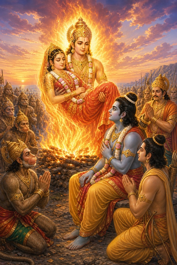 अग्निदेव ज्वालाओं से निकलकर सीता को गोद में उठाए राम को सौंपते हुए; सब विस्मित देखते।