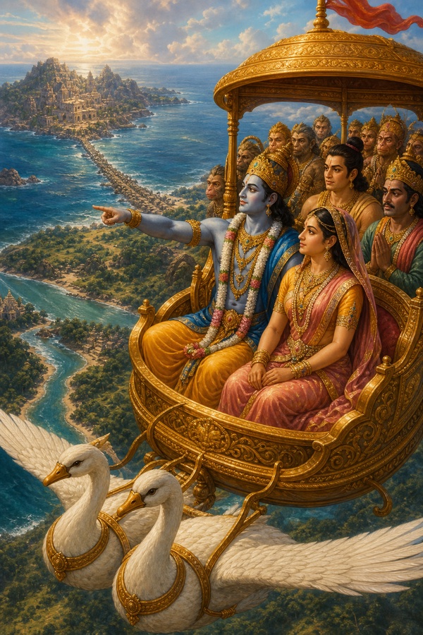 राम पुष्पक विमान में सीता को नीचे लंका और समुद्र-सेतु दिखाते हुए; लक्ष्मण, विभीषण और वानर साथ।