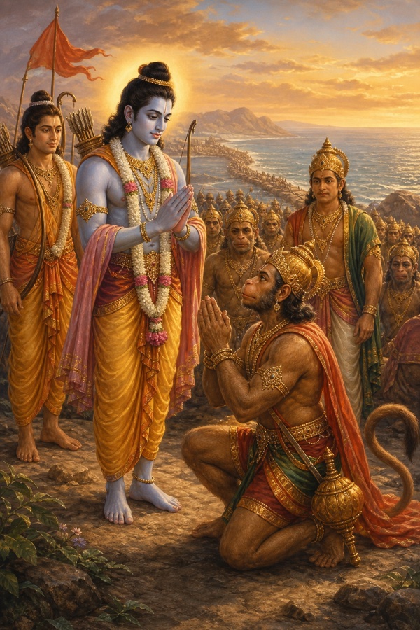 समुद्र-तट पर हनुमान राम के सम्मुख घुटने टेककर हाथ जोड़े, लक्ष्मण और विभीषण पास खड़े।