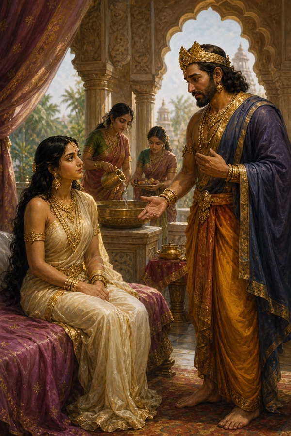 विभीषण महल में पलंग पर बैठी सीता से स्नान-श्रृंगार का अनुरोध करते हुए, दासियाँ जल और थाल लिए।