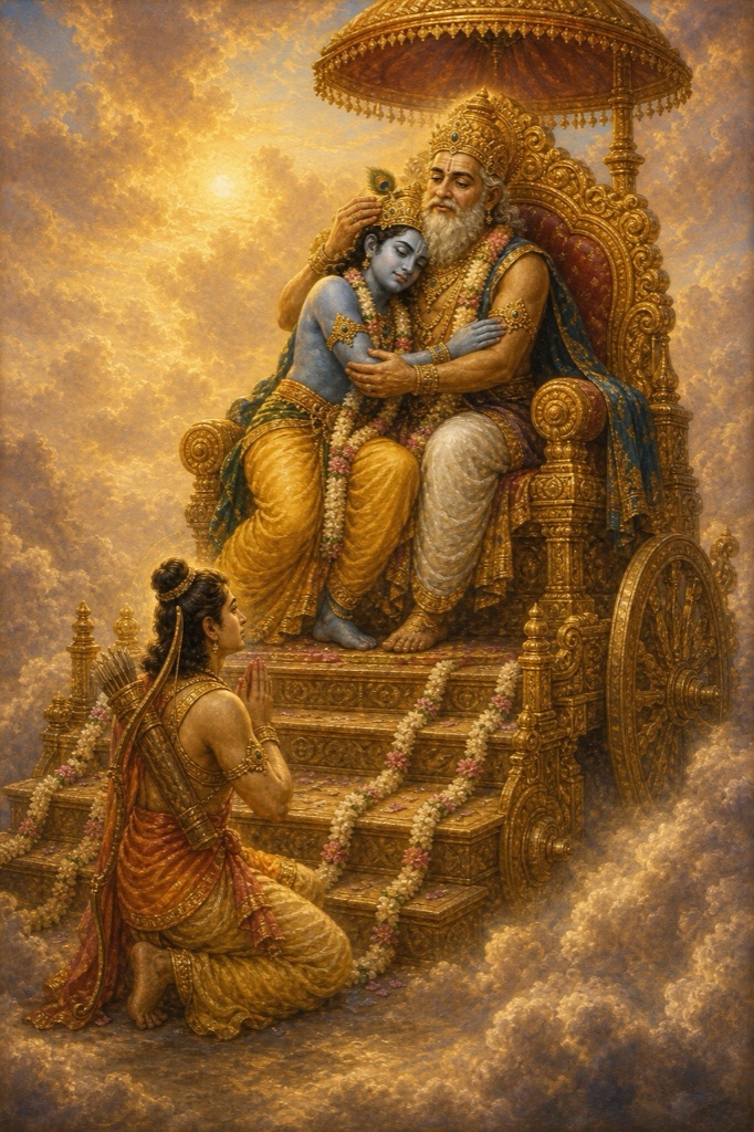 स्वर्ग से आए दशरथ दिव्य रथ पर राम को गले लगाकर आशीर्वाद देते हुए, नीचे लक्ष्मण हाथ जोड़े।