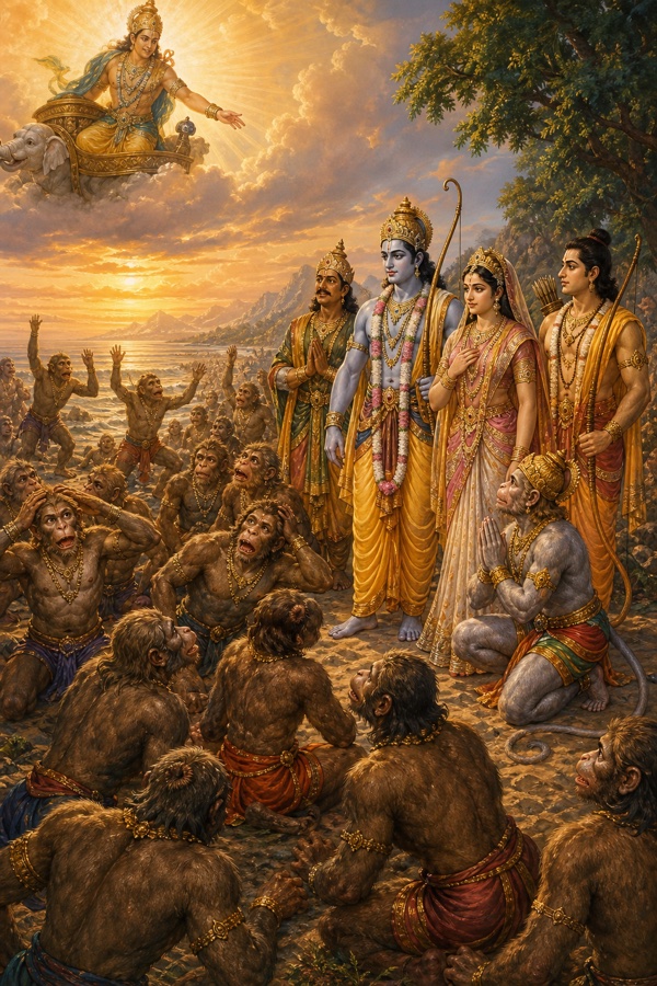 इंद्र ऐरावत पर आकाश से वर देते हुए; युद्ध में मारे गए वानर जीवित होकर उठते हुए।