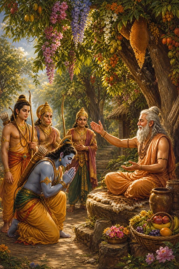 राम भरद्वाज मुनि के आश्रम में हाथ जोड़े प्रणाम करते हुए; फल-फूलों से लदे वृक्ष, साथ लक्ष्मण-हनुमान।
