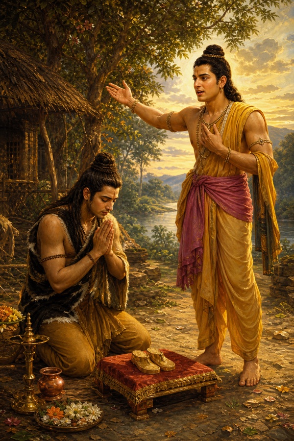मनुष्य रूप धरे हनुमान तपस्वी वेश वाले भरत को राम के आगमन का समाचार देते हुए; सामने चरण-पादुकाएँ।