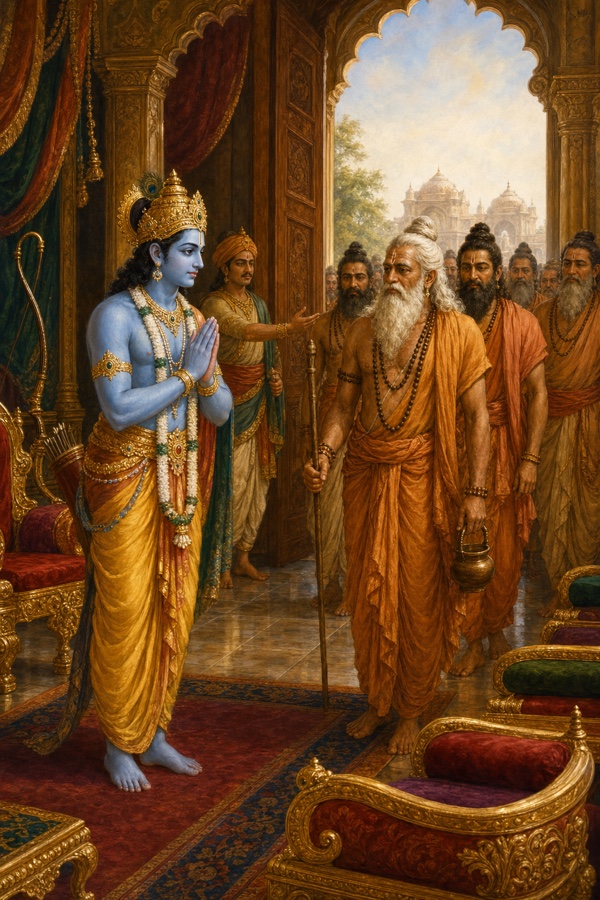 राम राज-सभा में हाथ जोड़े अगस्त्य आदि ऋषियों का स्वागत करते हुए; ऋषि दंड-कमंडलु लिए पधारते।