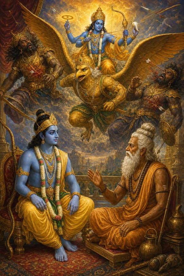 अगस्त्य बैठे राम को पूर्व-कथा सुनाते हुए; ऊपर गरुड़ पर विष्णु राक्षस योद्धाओं को बाणों से बेधते।